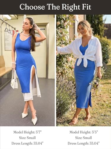 Wenrine Womens Sleeveless V Neck Bodycon Dress Summer Casual Side Slit Ribbed Knit Party Club Tank Midi Dresses Orange - Thumbnail 6