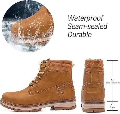 Athlefit Women's Work Waterproof Hiking Combat Boots Lace up Low Heel Booties Ankle Boots Size 11 Camel - Thumbnail 3