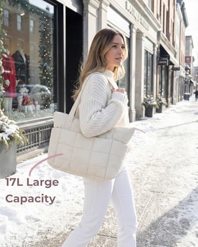 U+U Puffer Tote Bag for Women, Quilted Work Tote with 16" Laptop Sleeve, Luggage Sleeve & Yoga Mat Strap for Travel Gym School,Cream - Thumbnail 2