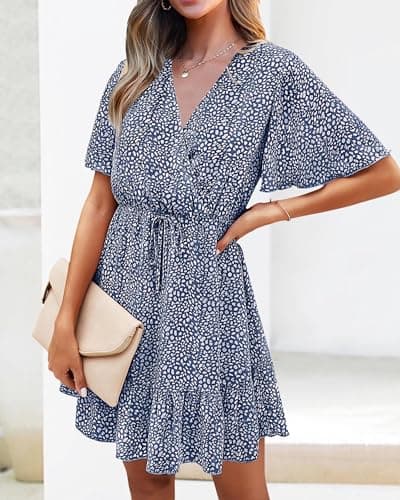 KIRUNDO Womens Summer Dresses 2026 Casual Spring Short Sleeve V Neck Ruffle Floral Print High Waist Belted Flowy Mini Dress(X-Large, Dark Blue) - Thumbnail 6