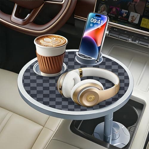Car Food Tray & Car Table Tray with Car-Grade Aluminum Cup Holder & Phone Stand, Premium Wood with Leather Surface, 360° Rotating Car Desk for Laptop &Eating (Round, Black&Grey) - Image 1
