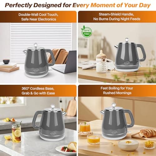 Electric Kettle 1.8L, Retro Electric Kettle for Boiling Water, 1350W Fast Boil, Stainless Steel Interior, BPA-Free, Auto Shut Off, Boil-Dry Protection, Gray - Thumbnail 6