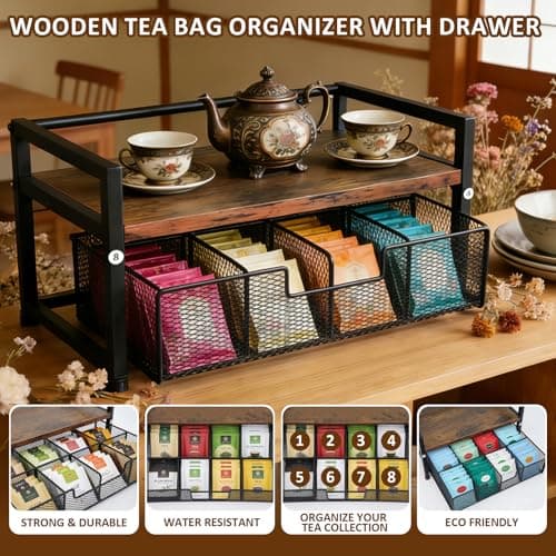 Tea Bag Organizer Holder, Wood Tea Organizers and Storage, 8 Compartments - Thumbnail 2