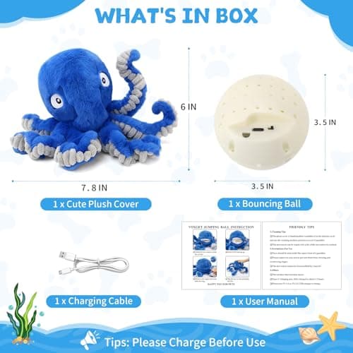 VOXGET Interactive Dog Octopus Toy Ball, Upgrade Automatic 1.5H Jumping Ball with Motion Activation for Small Large Dogs, 2 in 1 Rechargeable Move & Tug Plush Toy for Pets Keep Busy, No Music (Blue) - Thumbnail 5