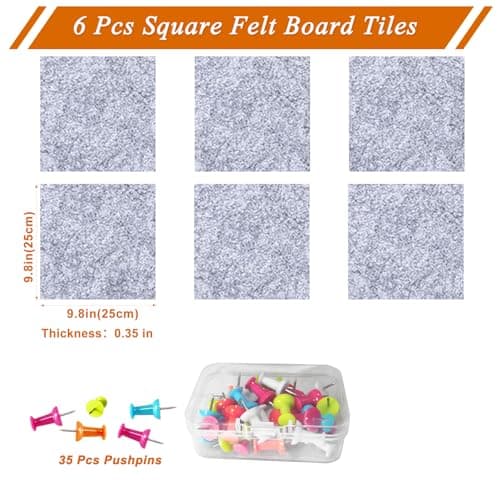 HULAVO Square Felt Cork Bulletin Board Tiles, Self Adhesive DIY Felt Pin Board for Wall 30" x 20" with 35 Pushpins for Office School Home Wall Decor Stickers Memos Photos Display (Light Grey) - Thumbnail 4