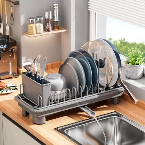 SanDream Small Dish Drying Rack with Removable Utensil Holder & Anti-Scratch Base - Stainless Steel Dish Rack, Dish Drying Rack with Drainage & Space Saving Design for Kitchen Counter, Gray - Image 1