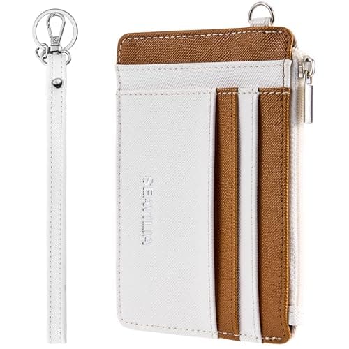 SEAVILIA Small Wallet for Women Slim Wristlet Keychain Wallets RFID Credit Card Holder With Zipper Pocket, ID Window (Beige＆Brown) - Image 1