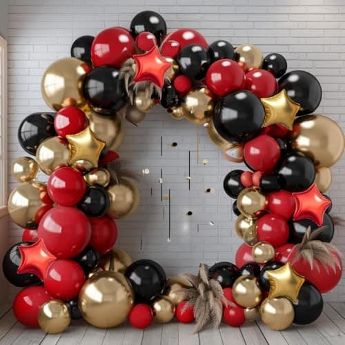 Red Gold Black Balloon Garland Arch Kit, 160Pcs Black Red Gold Latex Balloons with Star Foil Balloons for Anniversary Casino Night New Years Hollywood Movie Night Birthday Party Decorations - Thumbnail 4