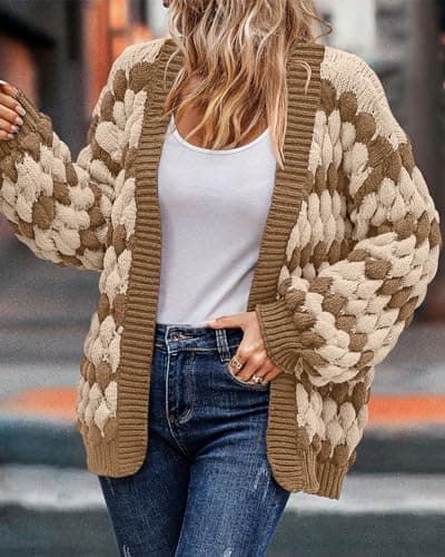 KIRUNDO Cardigan Sweaters for Women Trendy Fall Lantern Long Sleeve Open Front Striped Color Block Cable Knit Sweater Jackets Winter Coats Boho Cardigan Khaki(Khaki, Large) - Thumbnail 6