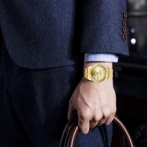 SINOBI Men's Luminous Hand Calendar Date Quartz Watch Classic Stainless Steel Watches for Men (Gold) - Thumbnail 2