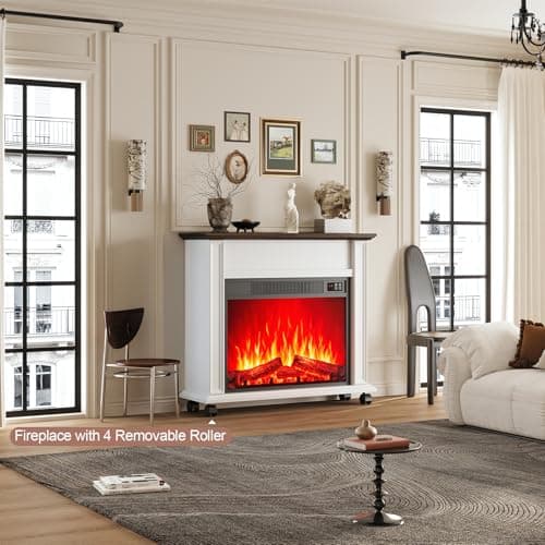 Electric Fireplace with Mantel, Farmhouse Electric Fireplaces TV Stand, White Fireplace Entertainment Center with 23 inch Heater and Removable Roller for Living Room, Bedroom - Thumbnail 3