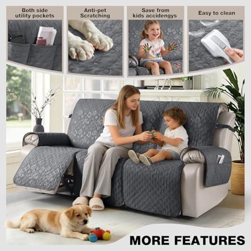 VANSOFY 100% Waterproof Recliner Sofa Covers, Couch Covers with Non-Slip Granule, 3-Piece Washable Reclining Sofa Cover with Pocket Furniture Protector for Kids, Pets（Dark Gray,3 Seater） - Thumbnail 4