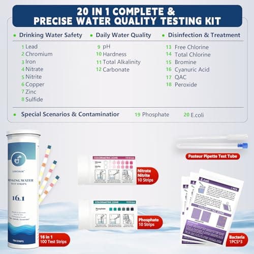 20 in 1 Water Tester for Drinking Water, Well Water Testing Kit, Suitable for Household Tap Water, Natural Water Quality Testing, Can Detect Water Hardness, Chlorine, Lead, Ph, Etc. (123 Test Strips) - Thumbnail 2