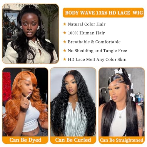 SUMT 32 Inch 13x6 Body Wave Lace Front Wigs Human Hair 200% Density HD Transparent Lace Front Wig Pre Plucked with Baby Hair Virgin Human Hair Frontal Wig for Women Natural Black - Thumbnail 5