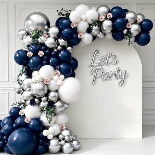 Navy Blue and Silver Balloon Garland Arch Kit, Royal Blue White Metallic Silver Balloons for Wedding Graduation New Year Bridal Shower Birthday Party Decorations - Image 1