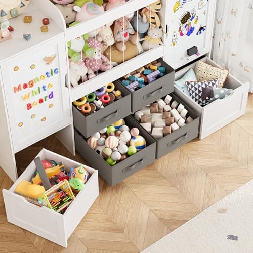 VortinT 61"W Toy Storage Organizer, Kids Bookshelf with 122L Stuffed Animal Storage, 2 Magnetic Drawing Boards, 2 Movable Toy Boxes and 4 Fabric Bins, Wooden Shelf for Kids Room/Playroom/Living Room - Thumbnail 6