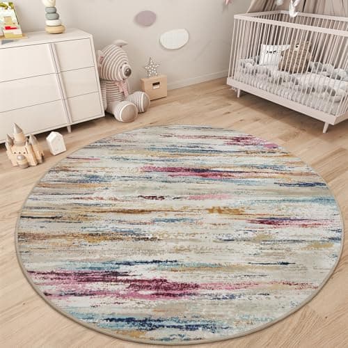 tchdio Round Rug 5FT Colorful Modern Abstract Circle Rug for Bedroom Non Slip Soft Circular Rug Carpet Washable Round Area Rug, Multi Color, 5FT - Thumbnail 2