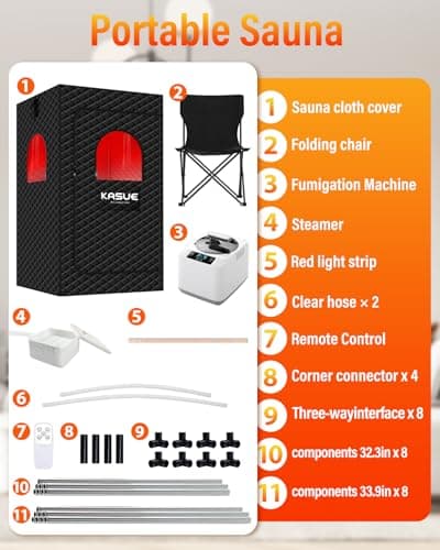 KASUE Portable Steam Sauna Tent for Home, Infrared Sauna with 3L Steamer, 9 Temp Levels & 99 Min Timer, 5-Layer Waterproof Insulated, Folding Chair Included, Indoor Spa (Light Black) - Thumbnail 6