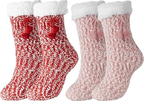 BenSorts Womens Christmas Slipper Socks with grippers Winter Warm House Indoor Fleece Lining Fuzzy Soft Sherpa House Cozy Socks Holiday Gift Pink Red 2 Pairs - Image 1