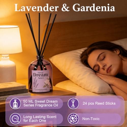 STRN Reed Diffuser Sets, Lavender Scented Oil Diffuser, Fragrance Reed Diffuser with 24 Sticks, 6.8 Fl.oz (200ml), 4 Scents Long-Lasting Air Freshener for Bedroom Bathroom Home Décor（50ml*4） - Thumbnail 4