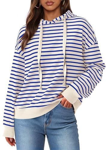 KIRUNDO Womens Striped Hoodies Sweatshirt 2026 Fall Long Sleeve Color Block Drawstring Casual Loose Pullover Top Y2K Clothes(Stripe Blue Beige, Medium) - Image 1