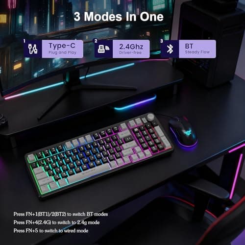 NPET Gaming Keyboard and Mouse Wireless with Tri-Mode, 98 Keys RGB Keyboard with Knob and Gaming Mouse, 12 Multimedia Keys for Wins, PC, Computer, Ideal for Gamer - Thumbnail 2