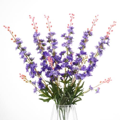 LILUYTO 6PCS Purple Delphinium Artificial Flowers, Long Stem Faux Larkspur Silk Flowers, 33.5" Bendable Fake Flowers Bouquets for Tall Vase Table Kitchen Home Offices Garden Wedding Decor - Image 1