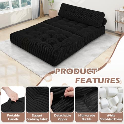 SIMFLAG Folding Sofa Bed, Convertible Sleeper Chair with Pillow & Handle, Foldable Mattress Futon Chair Bed Lounge with Back Support, Comfy Floor Sofa for Living Room Bedroom, Black, Full - Thumbnail 6