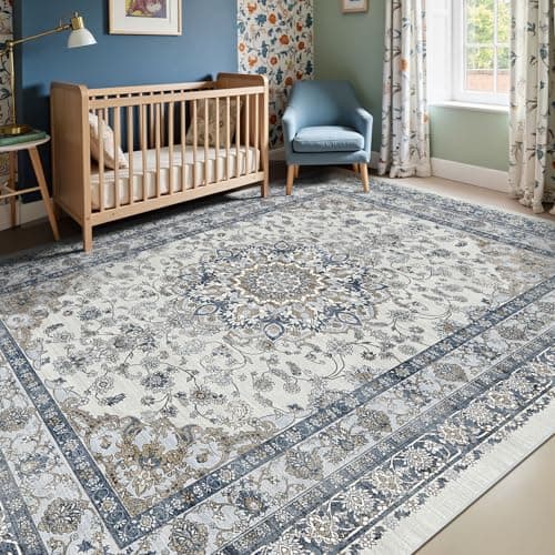 Farmhouse 6x9 Nursery Rug, Low Pile & Non Slip Area Rug for Living Room, Bedroom, Dining Room Table, Blue and Grey High Traffic - Non Shedding & Stain Resistant Soft Carpet, Faded Print Accent Mat - Image 1