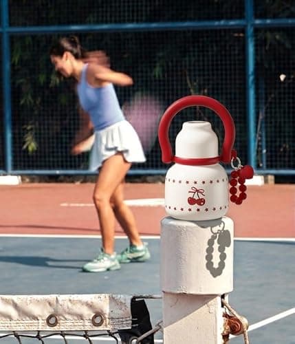 Sidagar 22 oz Water Bottle with Straw and Bowl, Unique Insulated 316L Stainless Steel Leak-Proof Flask for Women & Kids, Yoga & Travel, with Heart Bracelet Charm, Cherry White - Thumbnail 6