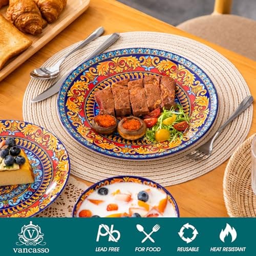 vancasso 18-Piece Dinnerware Sets,Ceramic Plates and Bowls Sets Service for 6, Bohemian Style Porcelain Dishes Set for 6, Microwave and Dishwasher Safe, Scratch Resistant,Non Toxic, Series KRVI - Thumbnail 3