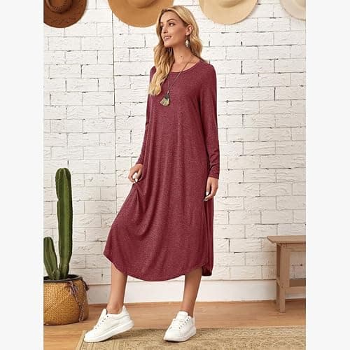 Lounge Dress for Women Long Sleeve Nightgown Midi Long Dress Loose Casual Side Slit Dresses Pocket XXL Red - Thumbnail 2