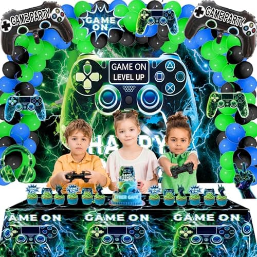 Video Game Party Decorations Set – Gamer Birthday Supplies with Backdrop, Table Cover, Hanging Swirls, Cake Toppers, Foil Balloons for Boys & Kids - Thumbnail 5