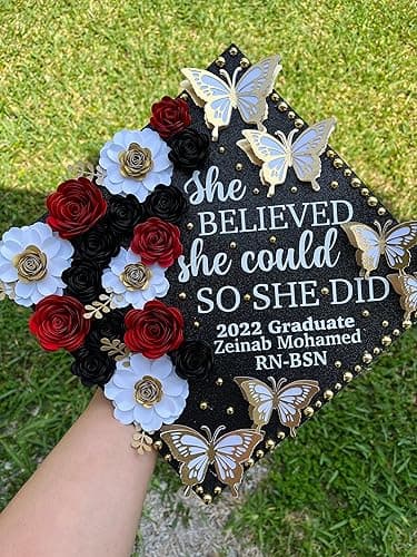 Mverse 3D Rolled Paper Flowers for Shadow Box & Graduation Cap Decorations - Handcrafted Small Roses Craft Kit with 3D Butterflies & Leaves - DIY Scrapbook Embellishments (Red) - Thumbnail 5