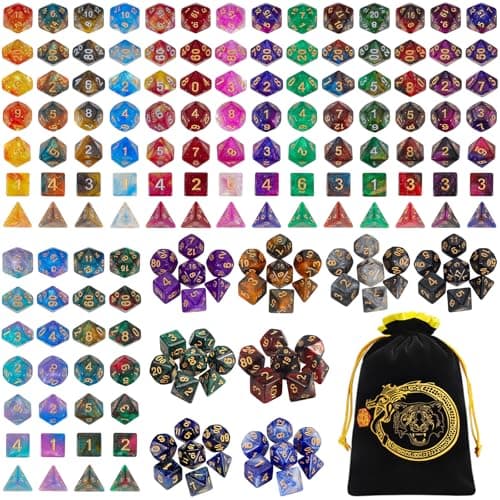 CiaraQ DND Dice Sets - 26 X 7 Polyhedral Dice (182pcs) with a Large Drawstring Bag for Dungeons and Dragons, Role Playing Table Game. Multiple Colors, Glitter Swirl Design with Gold Numbers. - Image 1