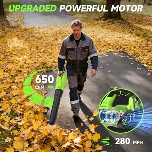Leaf Blower Cordless, 650CFM Electric Leaf Blowers with 2 x 5.2Ah Batteries and Charger, 3 Speed Modes, 1 x Adjustable Shoulder Strap, Powerful Blowers for Lawn Care, Patio, Dust, Blowing Leaves - Thumbnail 2