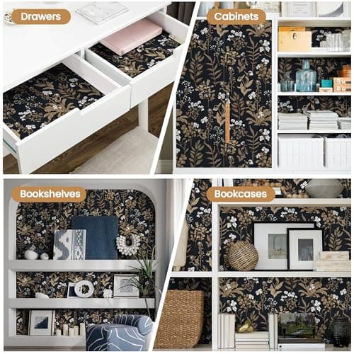 Abyssaly 34.6" x 196.8" Black and Gold Wallpaper Dark Floral Peel and Stick Wallpaper Vintage Leaf Contact Paper Removable Self Adhesive Waterproof Moody Vinyl Wrap for Bedroom Bathroom Cabinet Decor - Thumbnail 4
