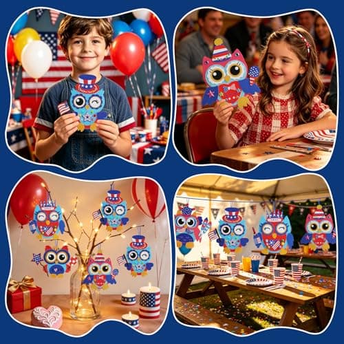 4th of July Patriotic Owl Craft Kits for Kids,36 Sets Owl Foam Shapes Stickers,Make Your Own Crafts Supplies with Red White Blue Flag Star for Classroom Activities,School Patriotic Party Favors - Thumbnail 6