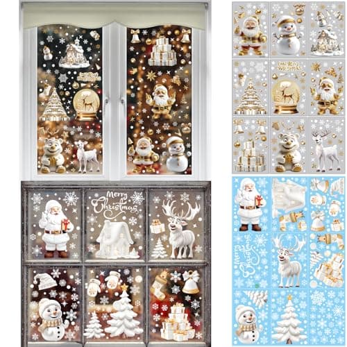 367 PCS Christmas Window Clings Big Golden Santa Claus Windows Stickers, Navidad Home Decor Xmas Indoor Festival Decorations Snowflake Snowman Double Sided Print Decals for Winter Holiday Party