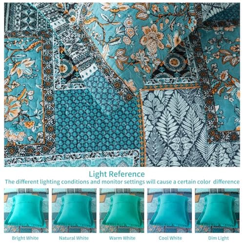 BEDISELY Cotton Bedspread King Quilt Set Boho Patchwork Bedding Set Farmhouse King Quilt 3-Piece Lightweight Reversible Bed Coverlet with 2 Floral Pillowcases for All Seasons (98”x106”) - Thumbnail 4