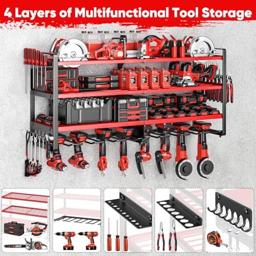 POKIPO Upgrade Large power tool organizer Wall Mount,4 Layers Heavy Duty Metal Loads 400lbs Power Tool Hanger Shelf Battery Storage with 8 Cordless Drill Bit Holder,Utility Racks for Garage Tool Room - Thumbnail 4