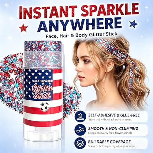 4th of July Glitter Stick, Patriotic Face & Body Glitter Stick, Red White and Blue Glitter Stick, 4th of July Outfits for Women, Waterproof Glitter Makeup for 250th Anniversary of Independence Day - Thumbnail 6