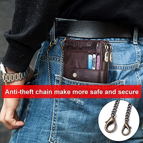 gzcz Chain Wallets for Men with Zipper Genuine Leather Bifold Rfid Blocking Card Holder Coin Pocket Wallet - Thumbnail 6
