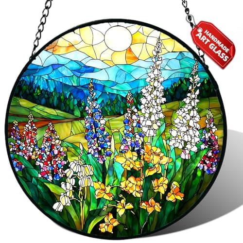 Stained Glass Window Hanging, Wildflowers Plant Scenery Suncatcher for Door Home Decor,Valley Sunrise Sun Catcher Ornament Mother's Day Birthday Gifts for Women Men Mom 6.3 in - Image 1