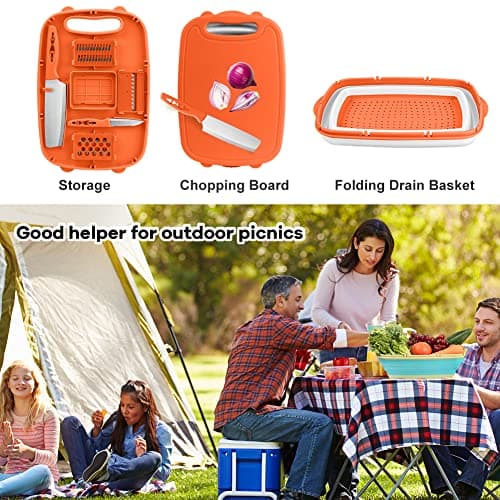 Camping Cutting Board, HI NINGER Collapsible Chopping Board with Colander, 9-In-1 Multi Kitchen Vegetable Washing Basket,Camping Gifts Accessories for RV Campers - Thumbnail 6
