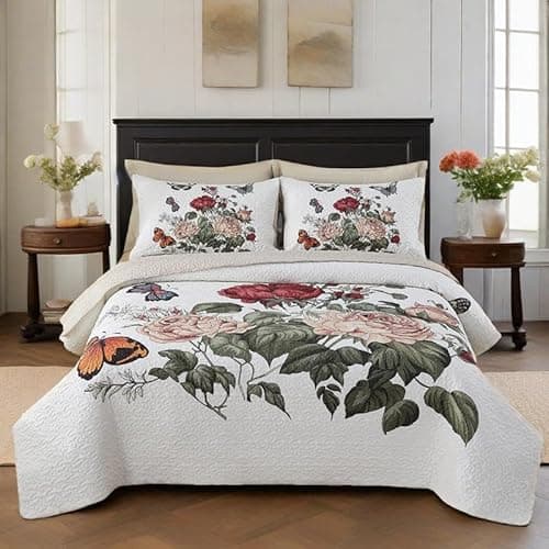 WHWODIDE Boho Floral Quilt Set King Size, Lightweight Microfiber Bedspread Coverlet, Soft All Season Bedding with 2 Pillow Shams, Vintage Botanical Rose Flower Butterfly Pattern(Butterfly Rose, King) - Image 1