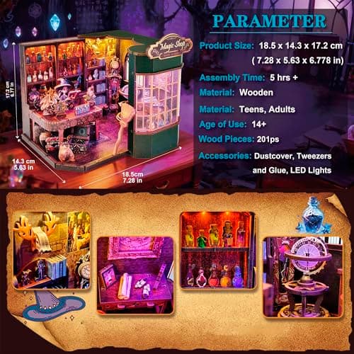 Joibabe Magic Shop Book Nook Kit - DIY Miniature House Dollhouse Kit for Adult and Teens, Tiny House Bookshelf Decor 3D Wooden Puzzle with LED Lighting, Gifts for Family, Friends (Magic Shop) - Thumbnail 5
