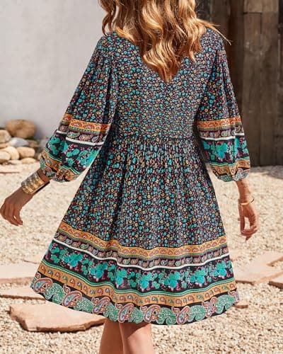 BTFBM Women Casual Spring Summer Dresses V Neck 3/4 Long Sleeve Ruffle Floral Flowy Boho Babydoll Mini Short Beach Dress(Floral Black, Medium) - Thumbnail 4