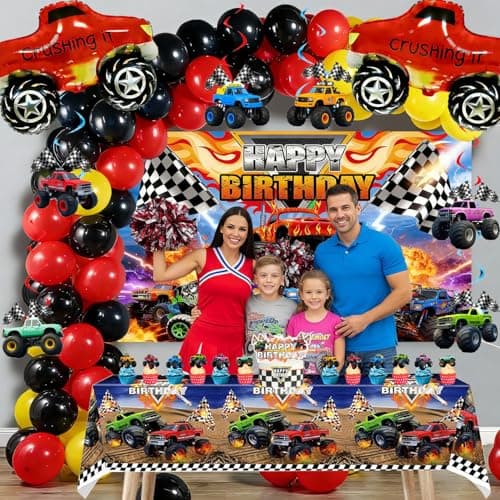 Truck Birthday Party Decorations Kit – 77Pcs Truck Theme Supplies with Reusable Backdrop, Hanging Swirls, Table Cover, Truck Foil Balloons, Cake Toppers & Latex Balloons for Truck Party, Room Decor - Thumbnail 3