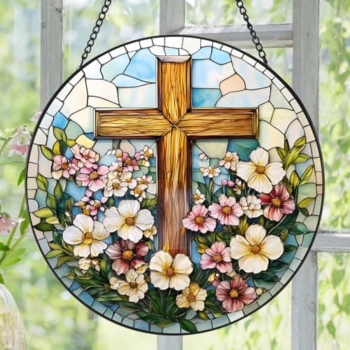 Zizzie Stained Glass Cross Suncatcher - 7.9" Real Glass Wooden-Textured Cross & Flowers Window Hanging, Weatherproof Christian Religious Decor, Sympathy Memorial Easter Gift for Mom Women - Thumbnail 2